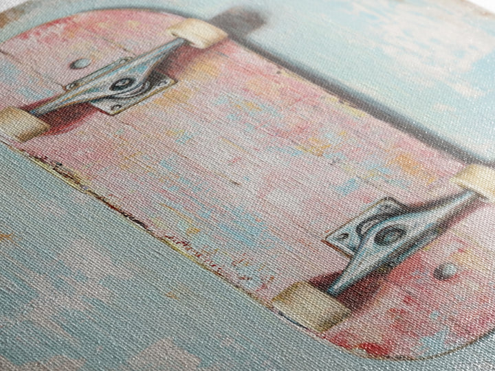 Pastel Pink Skateboard On Distressed Blue Wall Art, Retro Sport Decor, Skater Gift, Trendy Canvas Print For Kids Room Decor