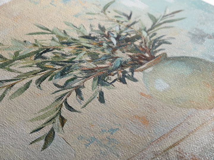 Olive Branches In Ceramic Vase Canvas Print, Mediterranean Botanical Wall Art, Minimalist Kitchen Decor, Neutral Home Decor