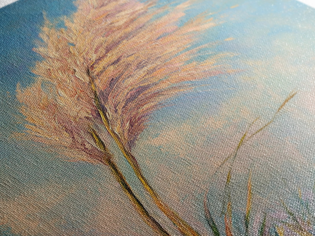 Pink Pampas Grass Against Blue Sky Framed Canvas Print, Coastal Botanical Wall Art For Boho Bedroom Decor And Nature Gift