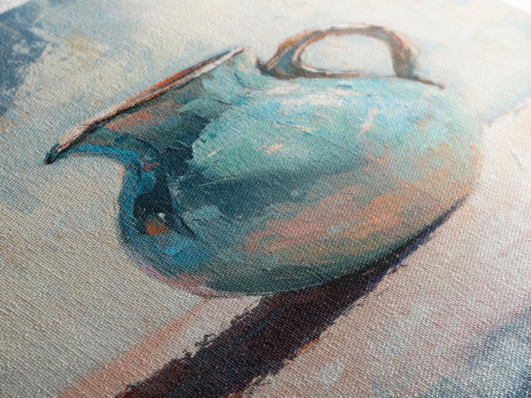 Turquoise Ceramic Pitcher Canvas Print, Rustic Kitchen Wall Art, Coastal Home Decor, Still Life Painting, Gift For Her, Fine Art