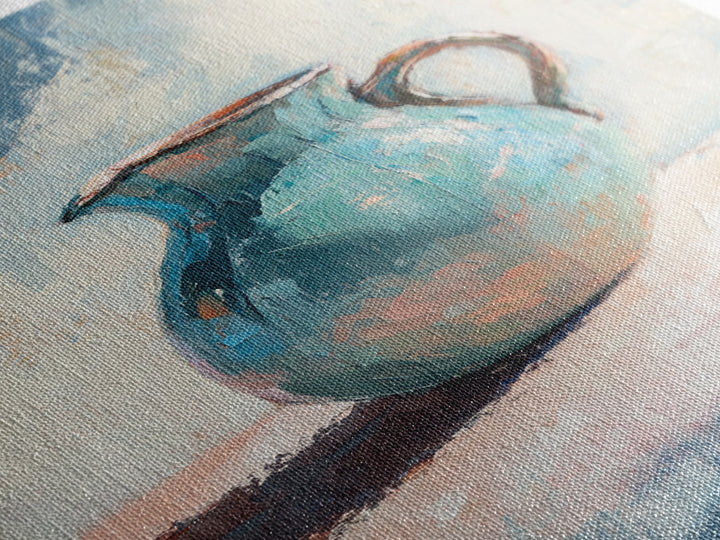 Turquoise Ceramic Pitcher Canvas Print, Rustic Kitchen Wall Art, Coastal Home Decor, Still Life Painting, Gift For Her, Fine Art