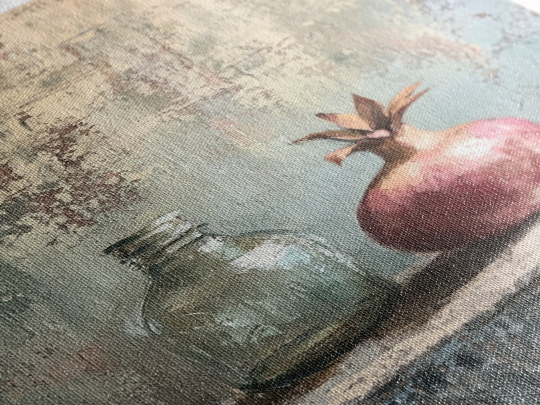 Pomegranate And Glass Bottle Still Life Wall Art, Rustic Fruit Canvas Print, Neutral Kitchen Decor, Housewarming Gift For Her