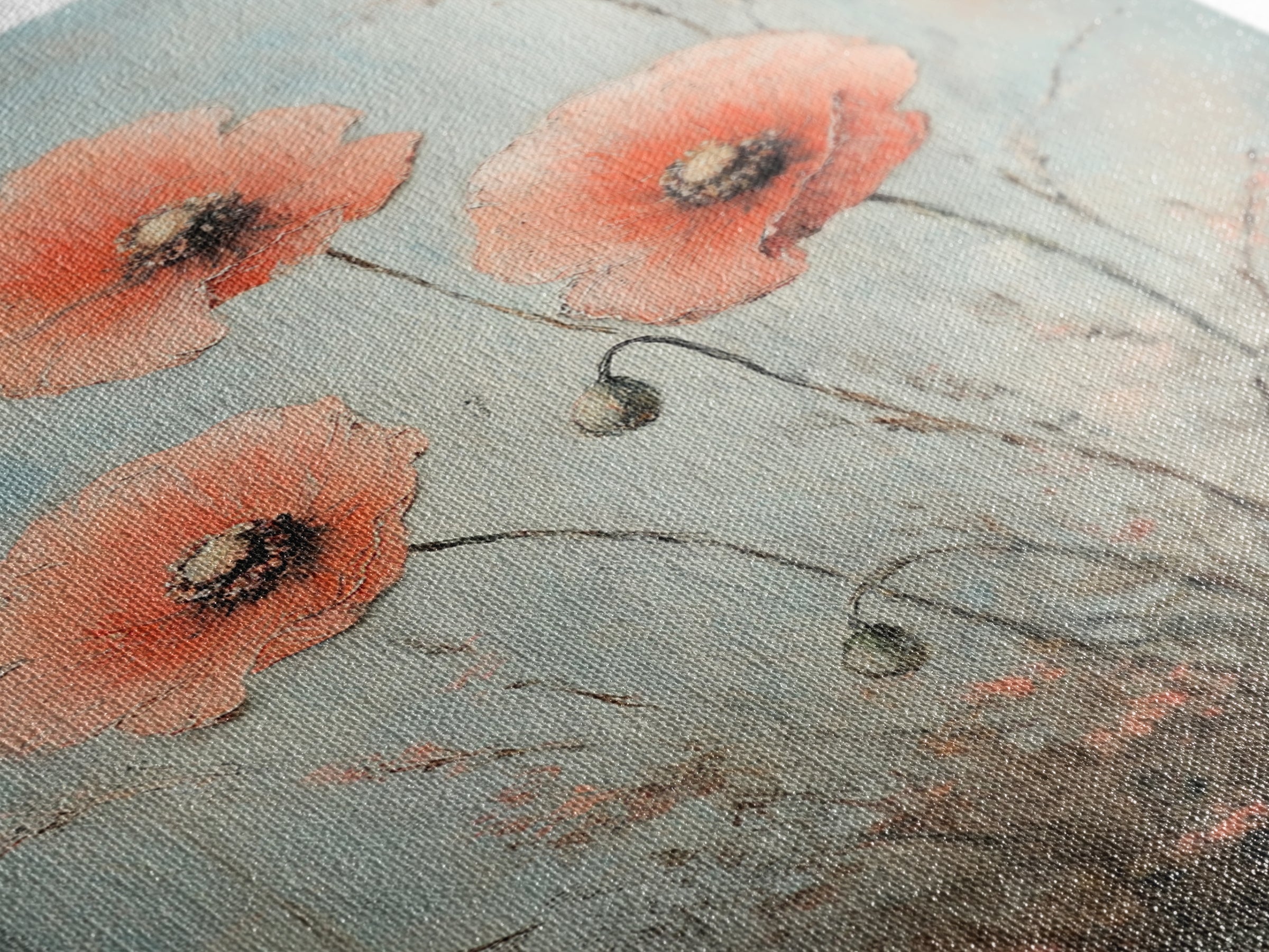 Coral Poppy Flowers On Blue Background Wall Art, Botanical Canvas Print, Floral Wall Decor For Bedroom Home Decor Gift For Her