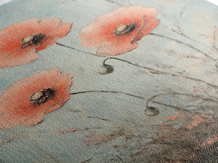 Coral Poppy Flowers On Blue Background Wall Art, Botanical Canvas Print, Floral Wall Decor For Bedroom Home Decor Gift For Her