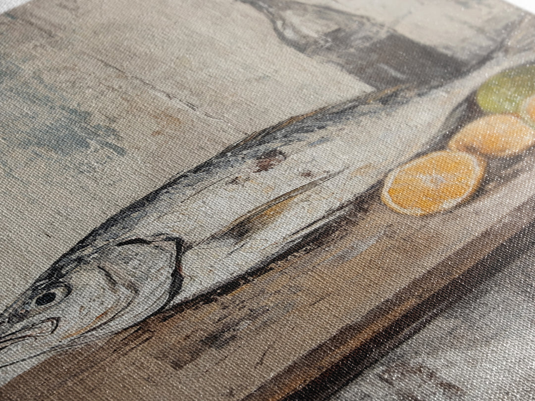 Fresh Fish With Citrus And Bottle Wall Art, Coastal Kitchen Canvas Print, Seafood Still Life, Rustic Dining Room Decor, Gift