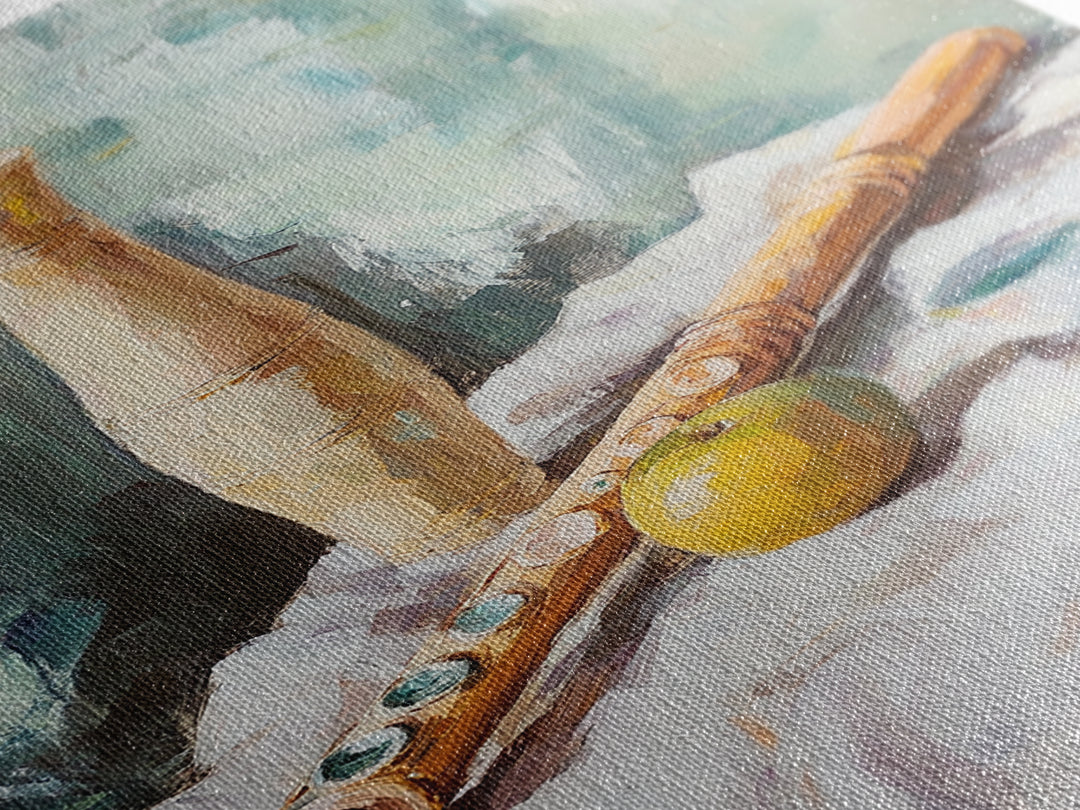 Wooden Flute Vase And Lemon Still Life Wall Art, Music Room Canvas Print, Boho Kitchen Decor, Rustic Instrument Art Gift