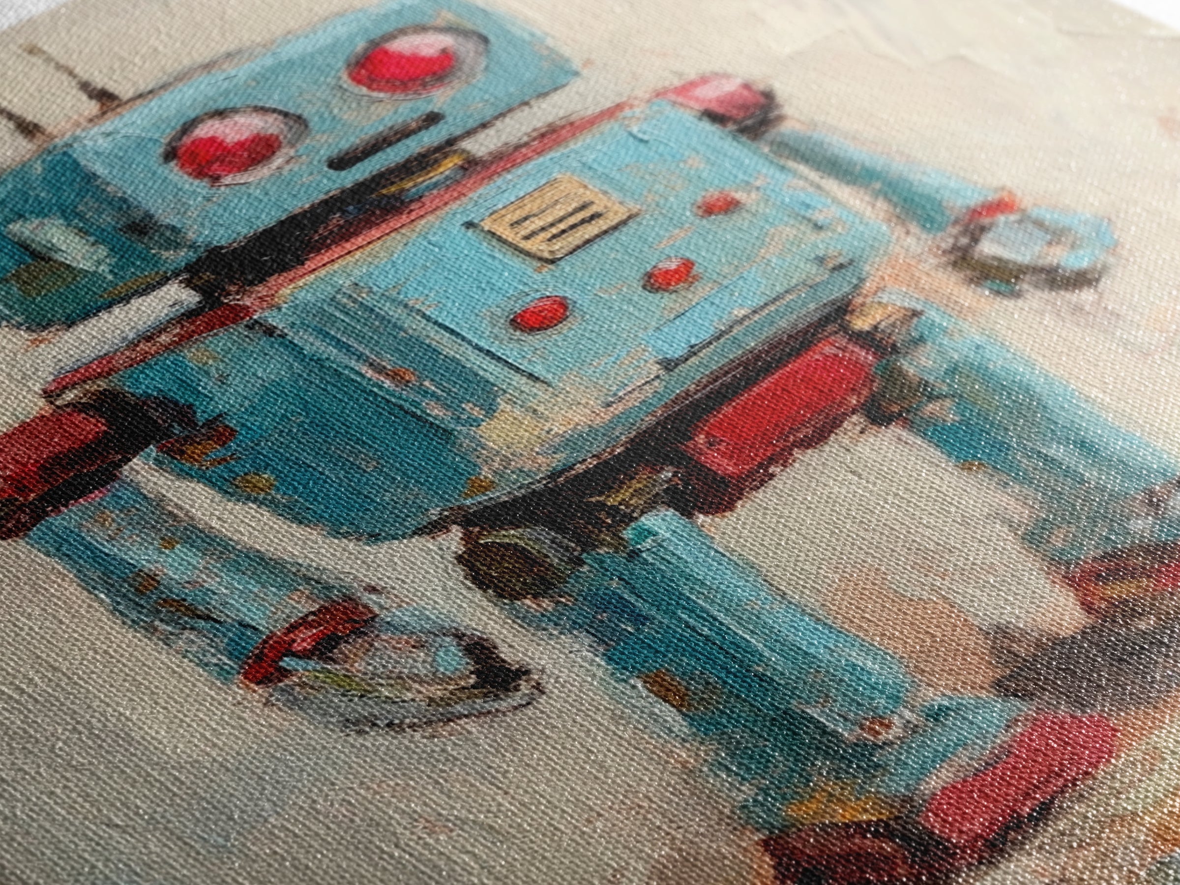 Whimsical Blue Toy Robot Oil Painting, Canvas Print For Kids Room Decor, Robot Wall Art, Sci Fi Nursery Art Gift, Modern Home Decor