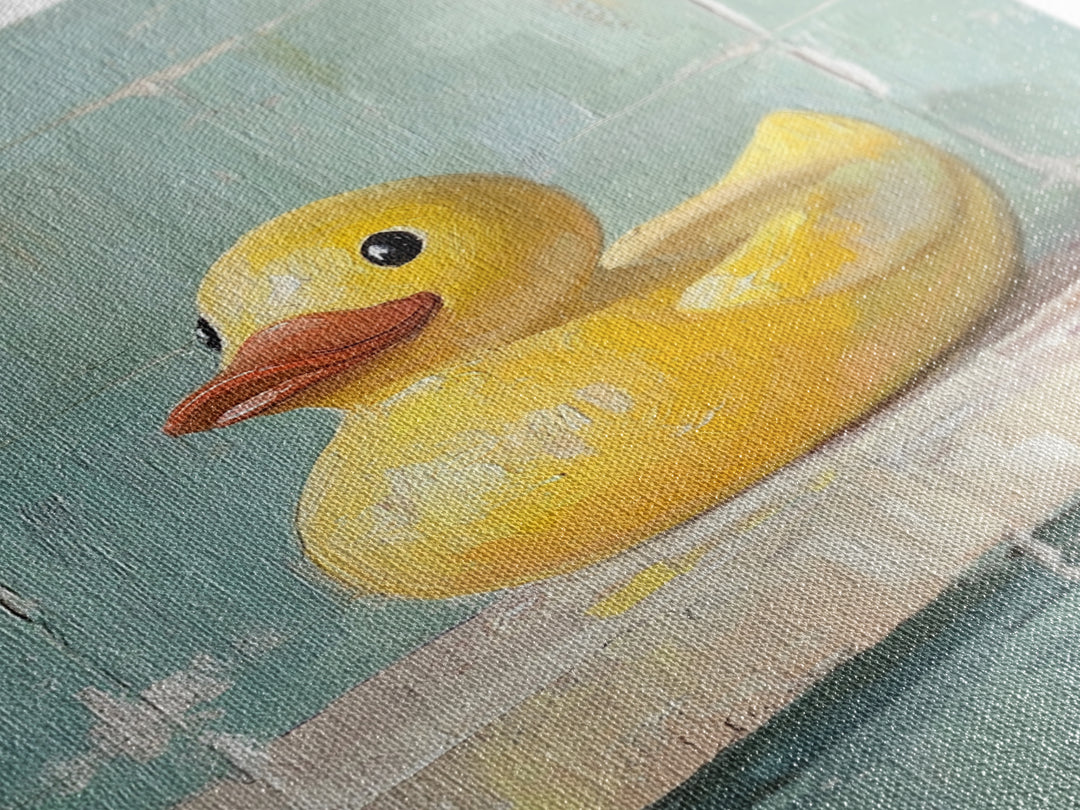 Bright Yellow Rubber Duck On Aqua Tile Painting, Canvas Print For Bathroom Wall Art, Funny Bathroom Decor, Kids Room Gift
