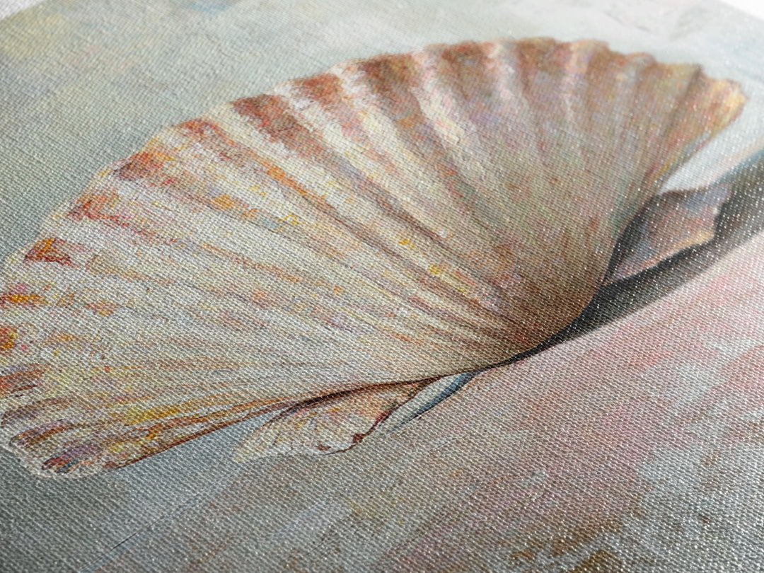 Textured Scallop Shell Still Life Wall Art, Coastal Beach House Decor, Seashell Painting, Neutral Bathroom Wall Decor, Spa Art