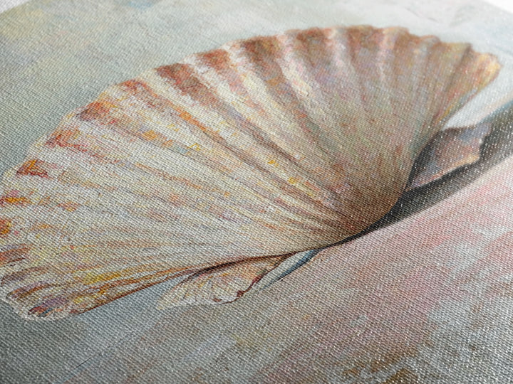 Textured Scallop Shell Still Life Wall Art, Coastal Beach House Decor, Seashell Painting, Neutral Bathroom Wall Decor, Spa Art