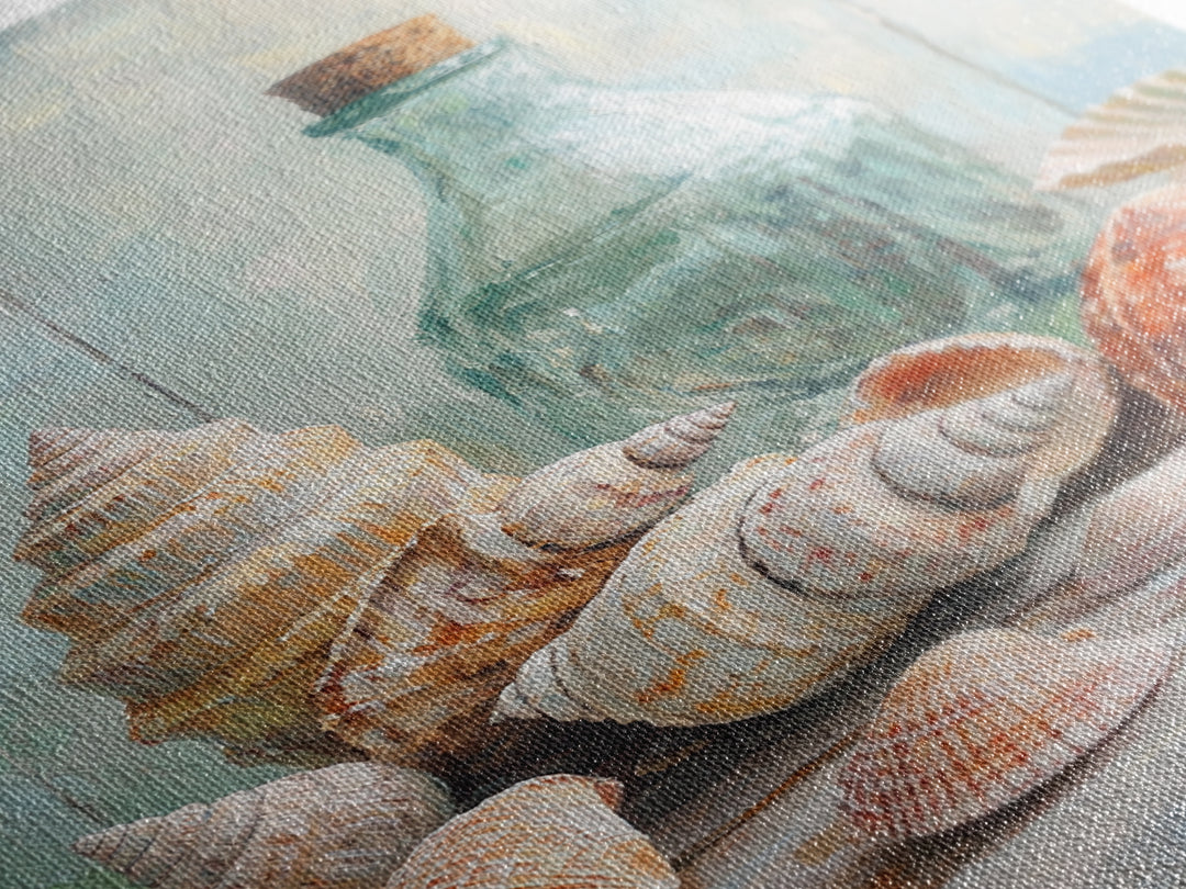 Sea Shells And Corked Glass Bottle Canvas Print, Coastal Wall Art, Beach House Decor, Nautical Bathroom Art, Ocean Print