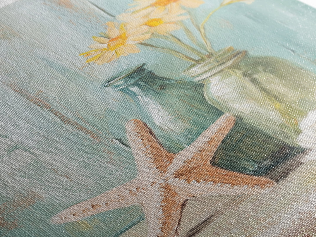 Starfish Daisies And Sea Glass Bottles Coastal Wall Art, Beach House Decor, Floral Canvas Print, Summer Gift For Her, Bathroom Decor