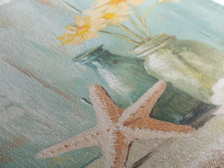 Starfish Daisies And Sea Glass Bottles Coastal Wall Art, Beach House Decor, Floral Canvas Print, Summer Gift For Her, Bathroom Decor