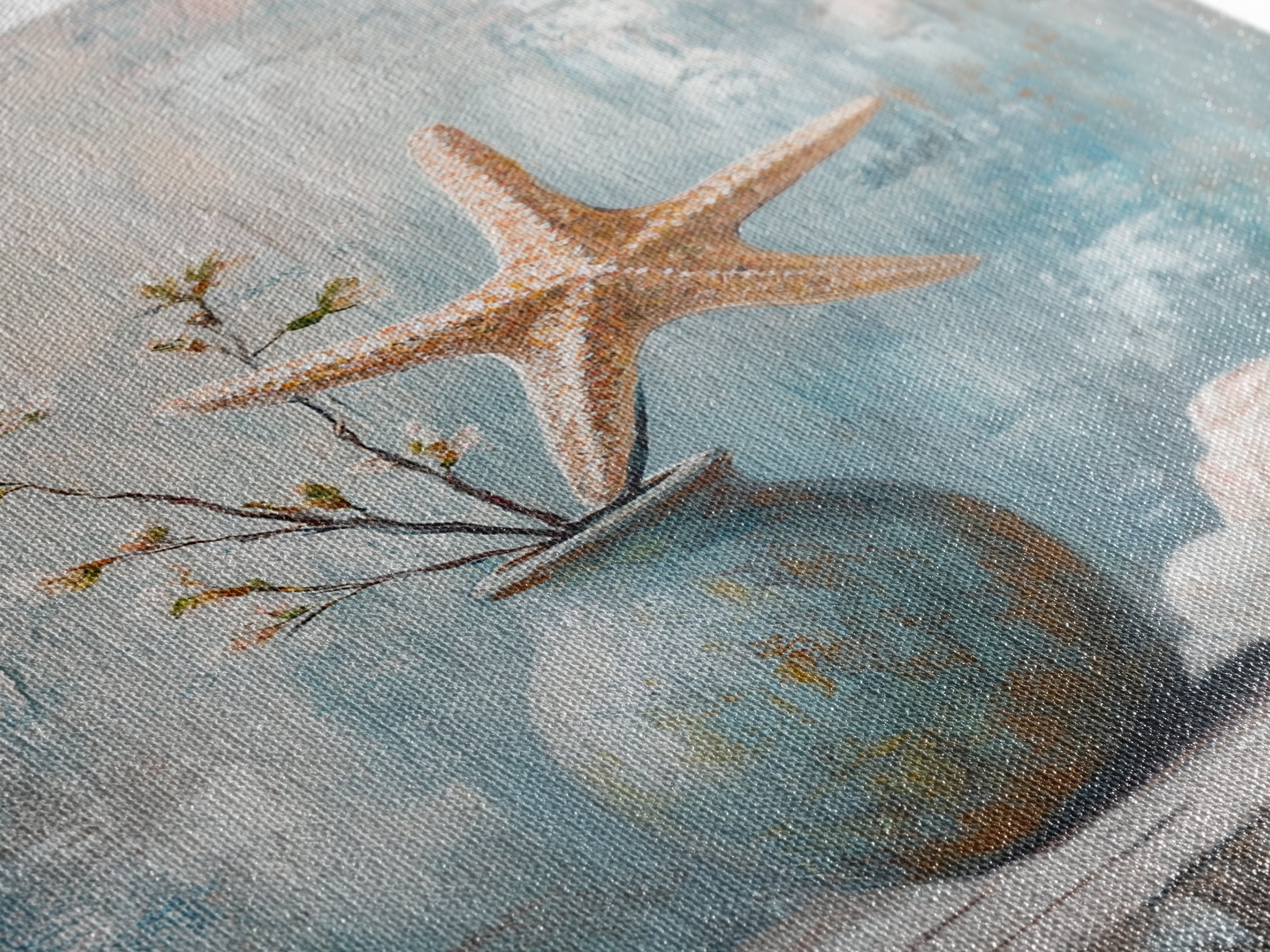 Orange Starfish Seashell And Blue Vase Coastal Wall Art, Nautical Beach Decor, Ocean Canvas Print, Serene Bathroom Art For Home