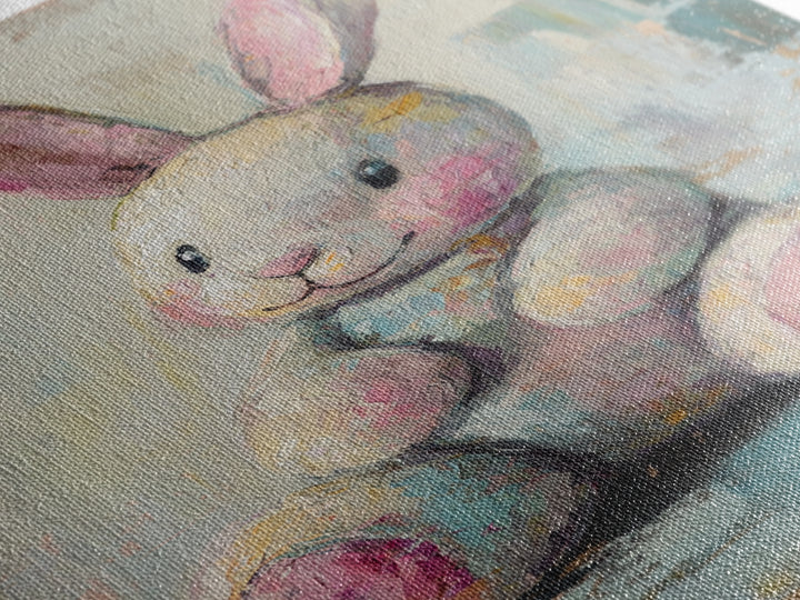 Plush Bunny Toy With Pink Ears Canvas Print, Whimsical Nursery Wall Art, Baby Girl Room Decor, Cute Animal Art, Baby Shower Gift