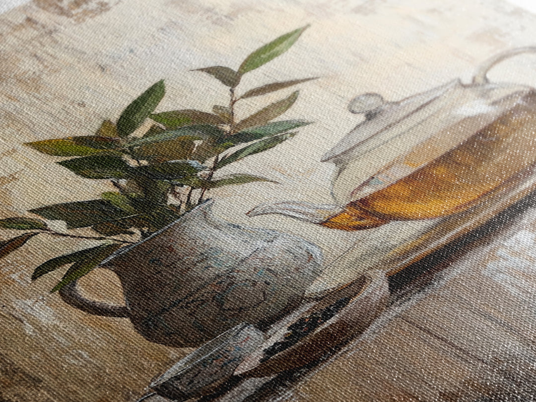 Glass Teapot With Potted Green Leaves Framed Canvas Print, Rustic Kitchen Wall Art, Botanical Tea Still Life Home Decor, Gift