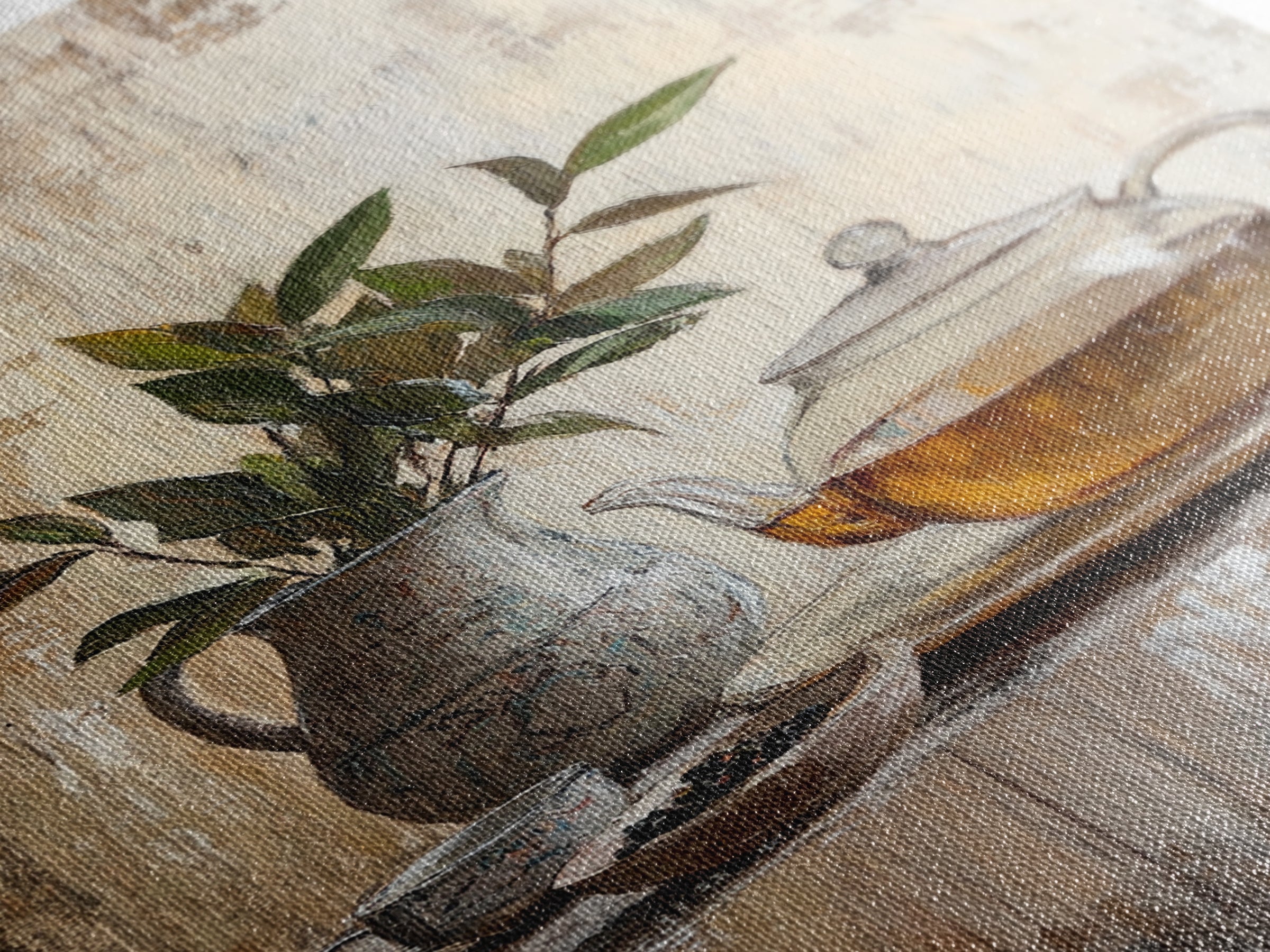 Glass Teapot With Potted Green Leaves Framed Canvas Print, Rustic Kitchen Wall Art, Botanical Tea Still Life Home Decor, Gift