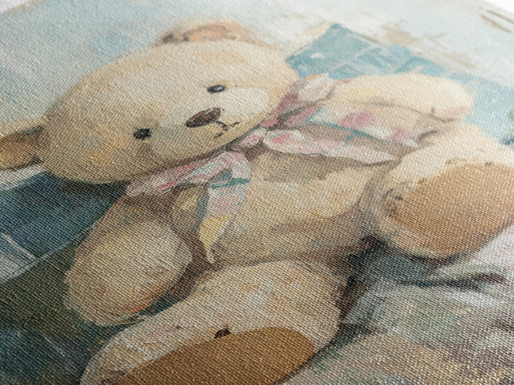 Cream Teddy Bear On Blue Pillow Framed Canvas Print, Nursery Wall Art, Kids Room Decor, Baby Shower Gift, Neutral Nursery Decor