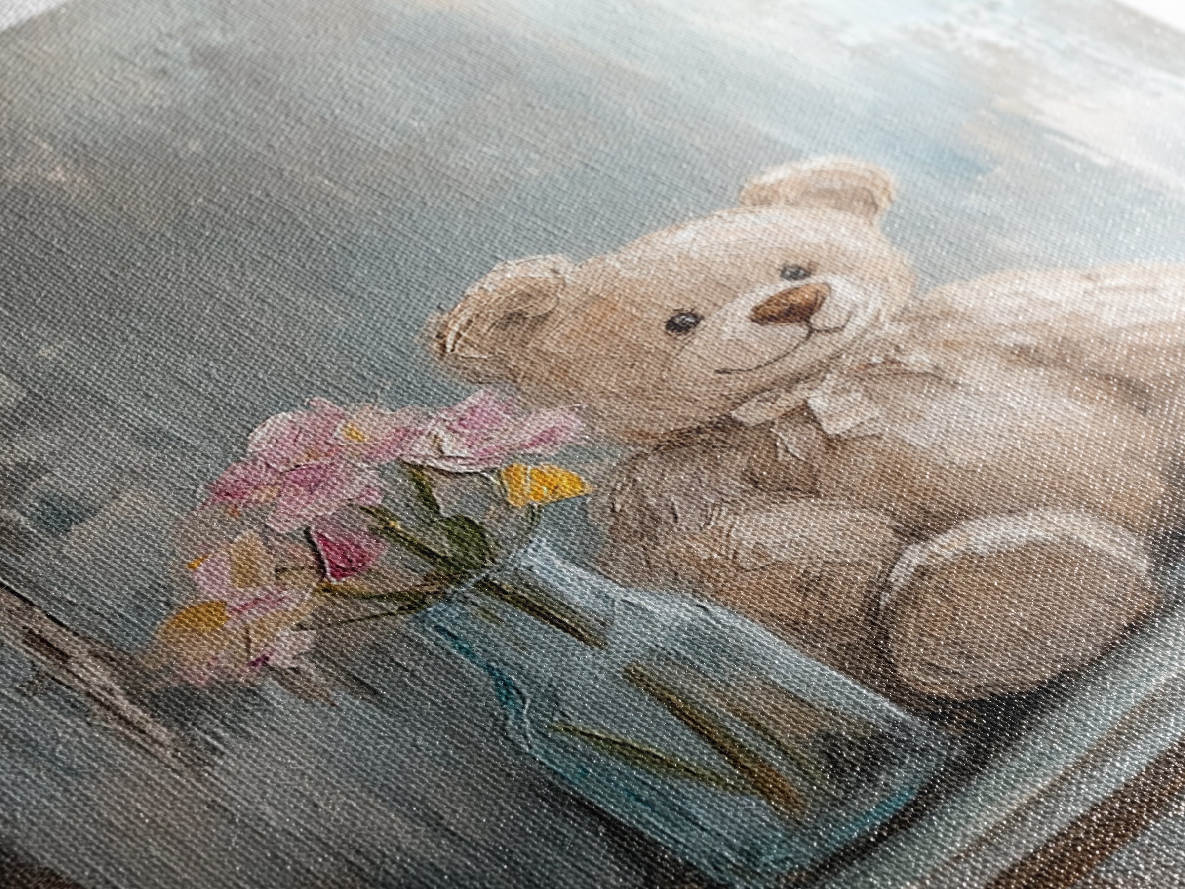 Smiling Teddy Bear With Pink Flowers Wall Art, Nursery Decor, Kids Room Art, Baby Shower Gift, Whimsical Animal Print, Girl Nursery Decor