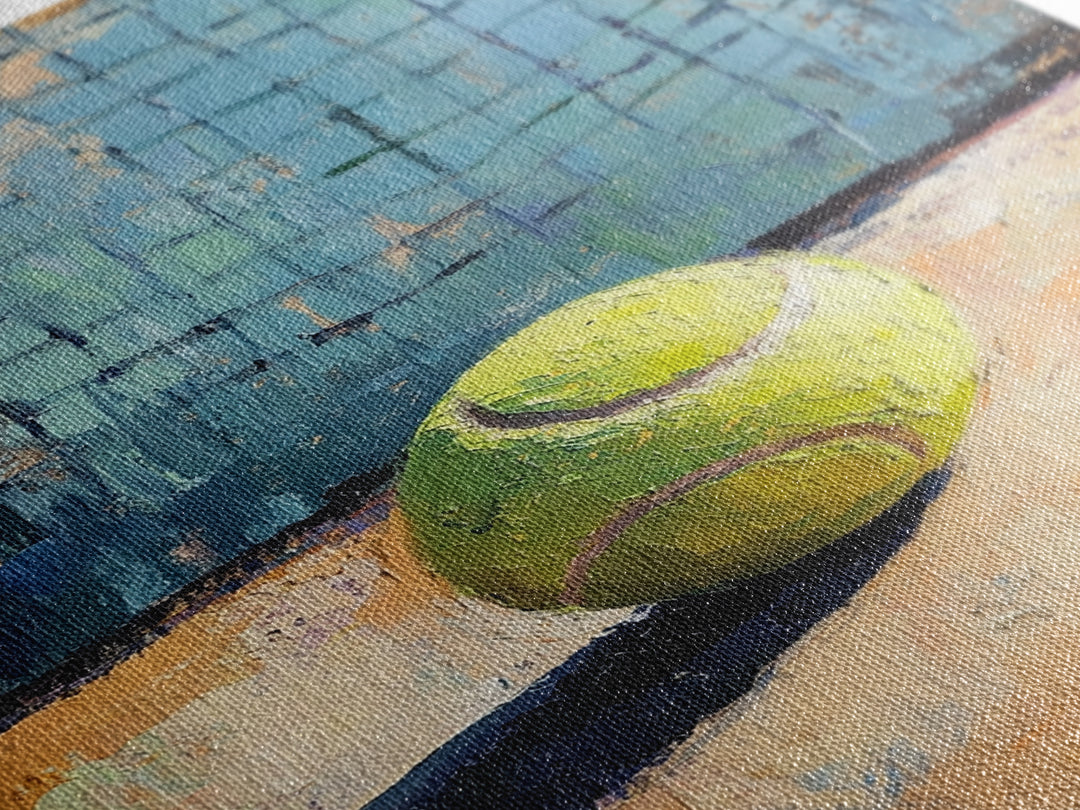 Bright Tennis Ball By Court Net Wall Art, Sports Room Decor, Game Room Art Print, Athletic Gift For Him, Home Gym Decor, Office Decor