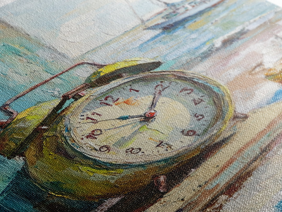 Nautical Alarm Clock Still Life Framed Canvas Print, Coastal Wall Art, Beach House Decor, Sailboat Ocean Art Print, Nautical Home Decor