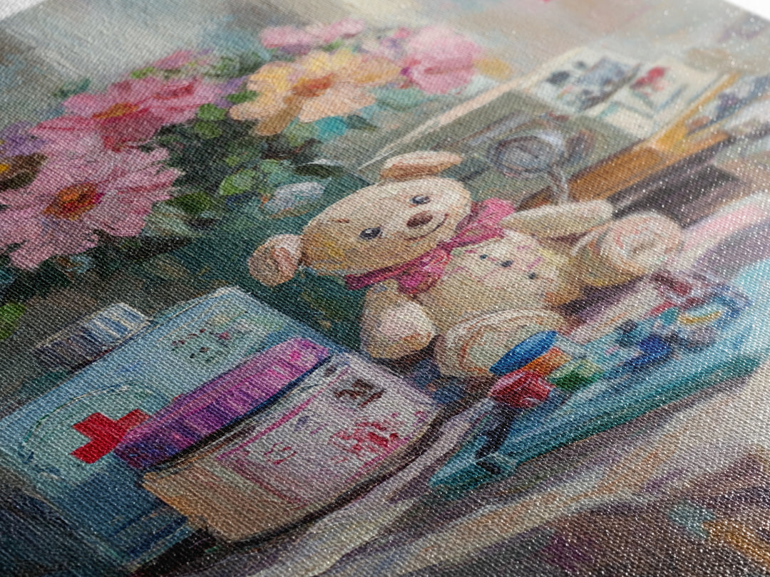 Teddy Bear Medical Kit Still Life Wall Art, Whimsical Nursery Decor, Doctor Office Art, Pediatric Room Canvas Print, Baby Shower Gift