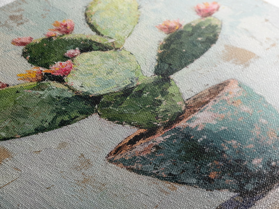 Prickly Pear Cactus In Rustic Pot Canvas Print, Desert Wall Art, Southwest Decor, Botanical Wall Decor, Plant Lover Gift