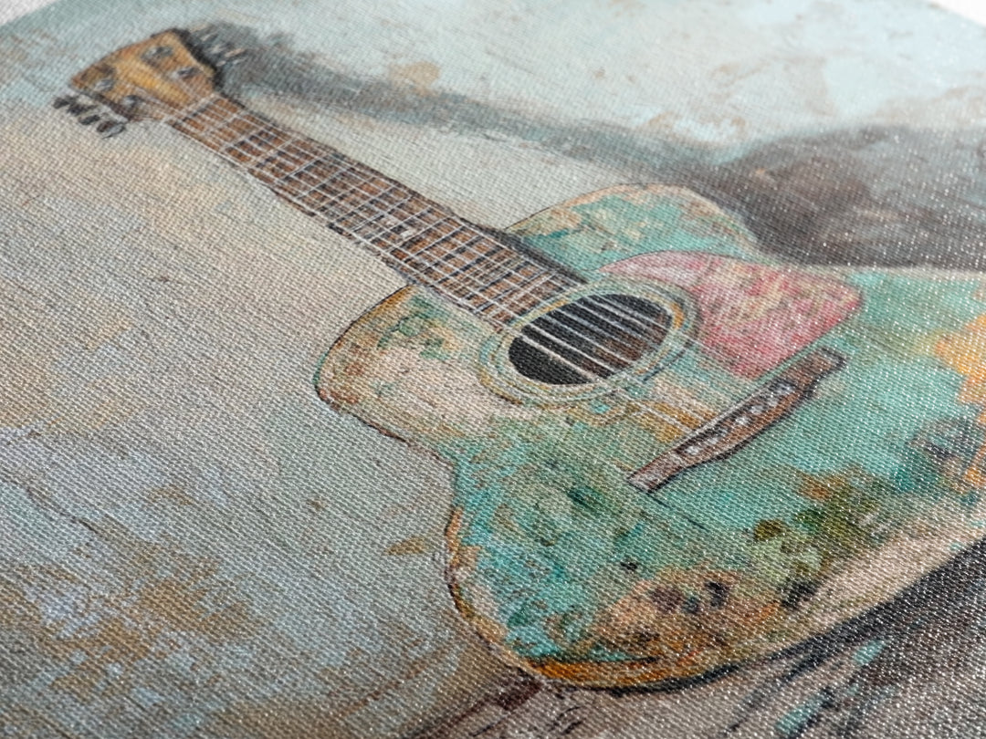 Weathered Turquoise Acoustic Guitar Canvas Print, Music Room Wall Art, Rustic Music Decor, Guitar Lover Gift, Studio Poster