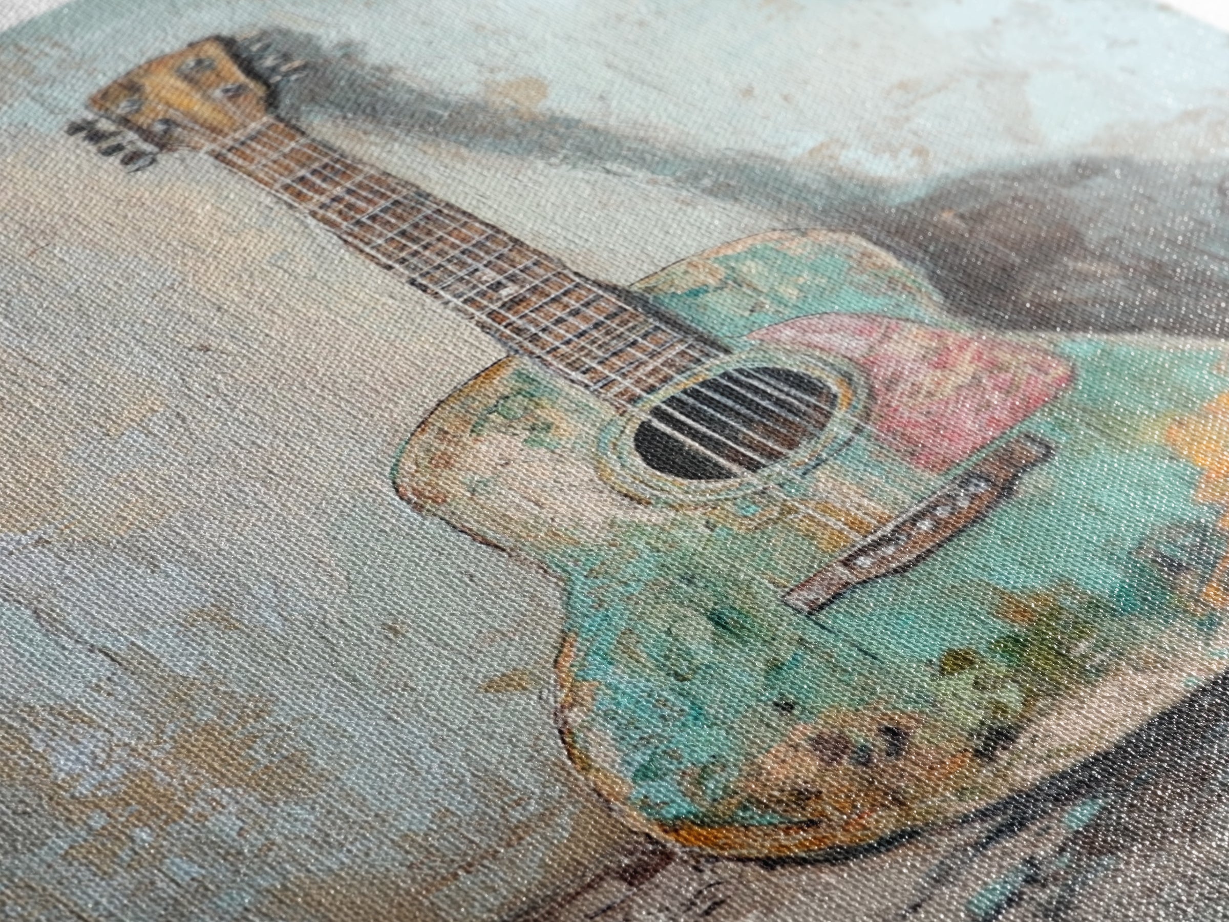 Weathered Turquoise Acoustic Guitar Canvas Print, Music Room Wall Art, Rustic Music Decor, Guitar Lover Gift, Studio Poster