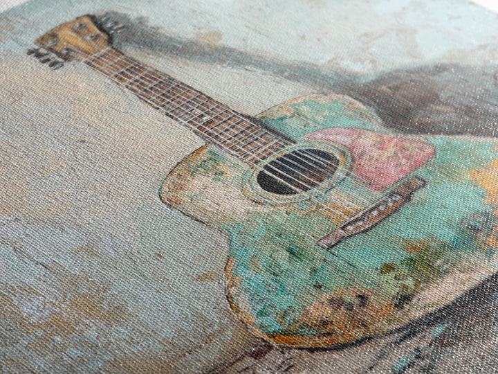 Weathered Turquoise Acoustic Guitar Canvas Print, Music Room Wall Art, Rustic Music Decor, Guitar Lover Gift, Studio Poster