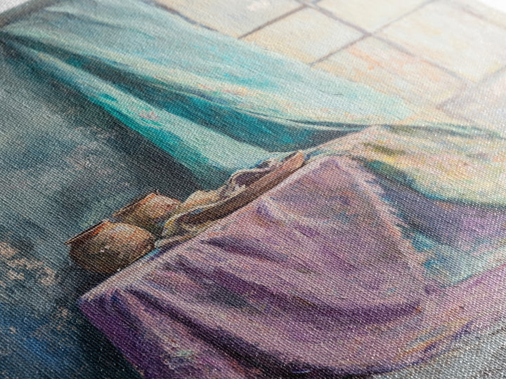 Turquoise Draped Fabric Still Life Wall Art, Soft Pastel Table Scene, Contemporary Canvas Print, Living Room Wall Decor, Home Decor