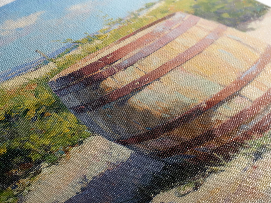Sunlit Vineyard Wine Barrel Canvas Print, Rustic Winery Landscape Painting, Wine Wall Art, Kitchen Decor, Gift For Wine Lover