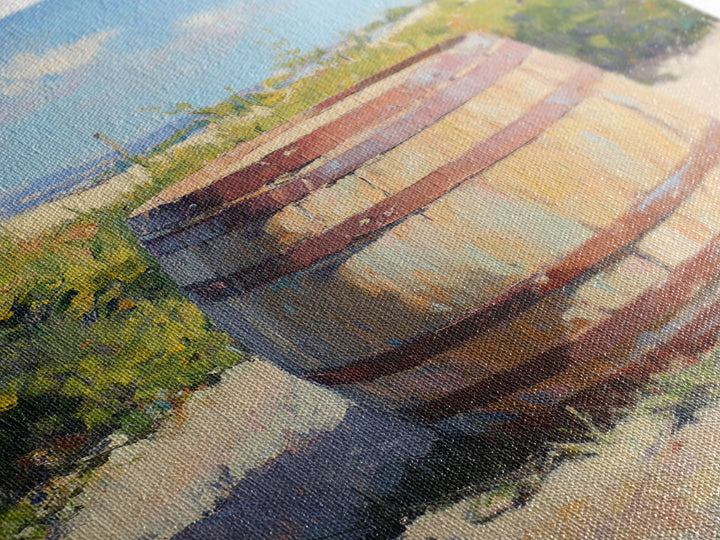 Sunlit Vineyard Wine Barrel Canvas Print, Rustic Winery Landscape Painting, Wine Wall Art, Kitchen Decor, Gift For Wine Lover