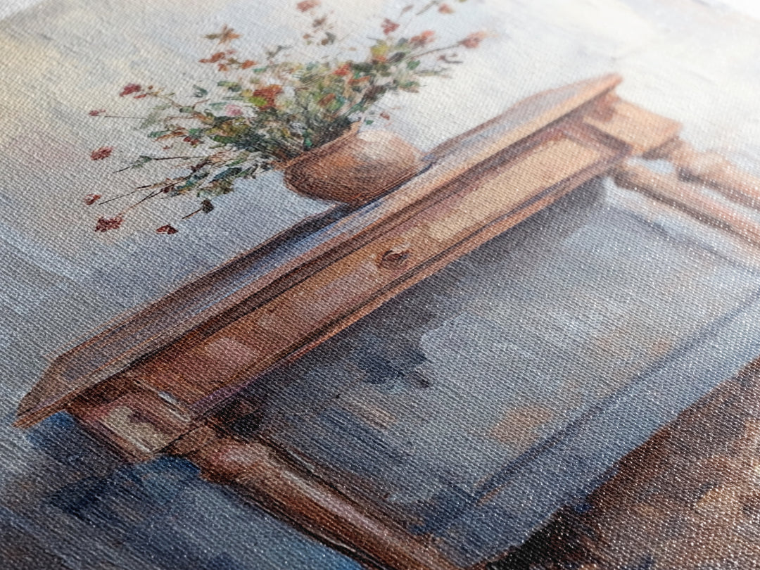 Rustic Console Table With Wildflower Vase Wall Art, Neutral Farmhouse Canvas Print, Entryway Living Room Wall Decor, Home Decor