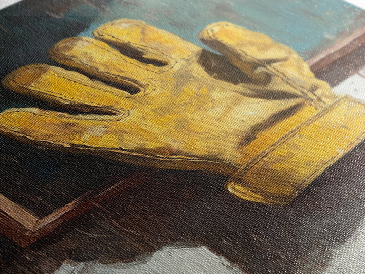 Yellow Work Glove On Rustic Chalkboard Wall Art, Industrial Garage Canvas Print, Tool Room Man Cave Wall Decor, Gift For Him