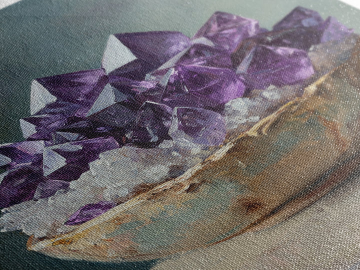 Purple Amethyst Crystals In Rustic Bowl Canvas Print, Crystal Wall Art, Spiritual Decor, Boho Home Decor, Gift For Her, Living Room Decor
