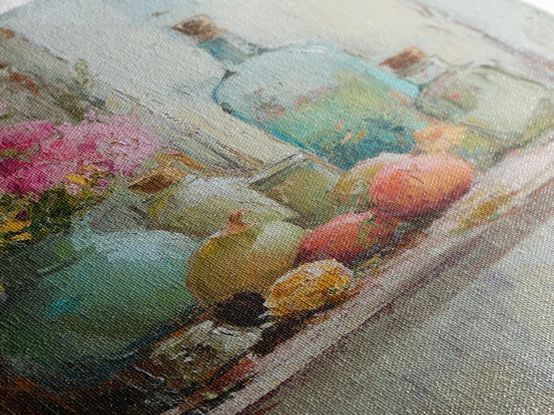 Flowers Bottles And Fruit Framed Canvas Print, Impressionist Still Life Wall Art, Kitchen Decor, Dining Room Prints, Home Decor