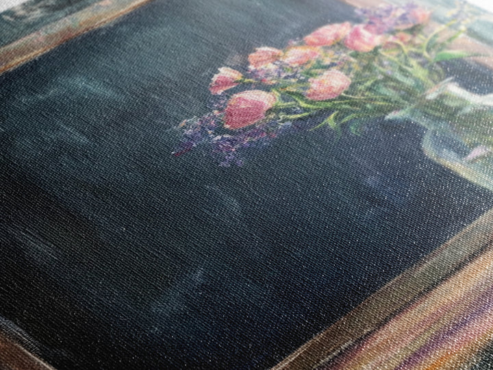 Chalkboard With Pink Flowers Wall Art, Rustic Kitchen Decor, Farmhouse Canvas Print, Floral Still Life, Dining Room Print