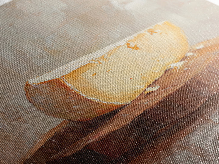 Cheese Wedge On Rustic Stool Canvas Print, Minimalist Kitchen Wall Art, Food Still Life, Farmhouse Decor, Gift For Foodie