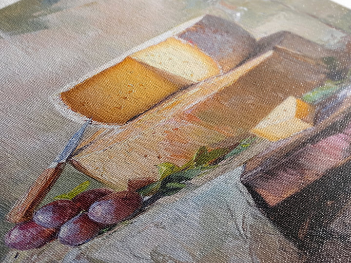 Cheese Wheel With Grapes Canvas Print, Rustic Kitchen Wall Art, Farmhouse Dining Room Decor, Food Still Life, Gift For Foodie