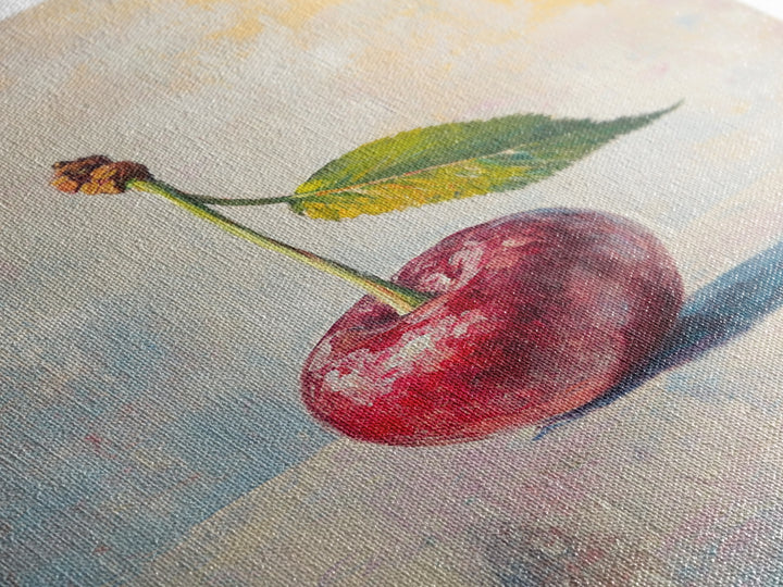 Red Cherry Still Life With Leaf Wall Art, Rustic Kitchen Decor, Fruit Art Print, Farmhouse Dining Room Home Decor Gift Idea