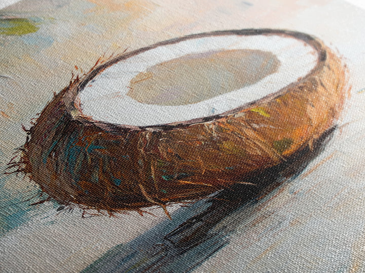 Split Coconut Still Life Canvas Print, Tropical Kitchen Wall Art, Coastal Home Decor, Food Art Print, Rustic Beach House Gift