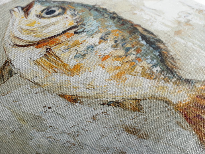 Silver Fish Impasto Canvas Print, Coastal Kitchen Wall Art, Nautical Seafood Decor, Ocean Animal Art Print, Beach House Gift
