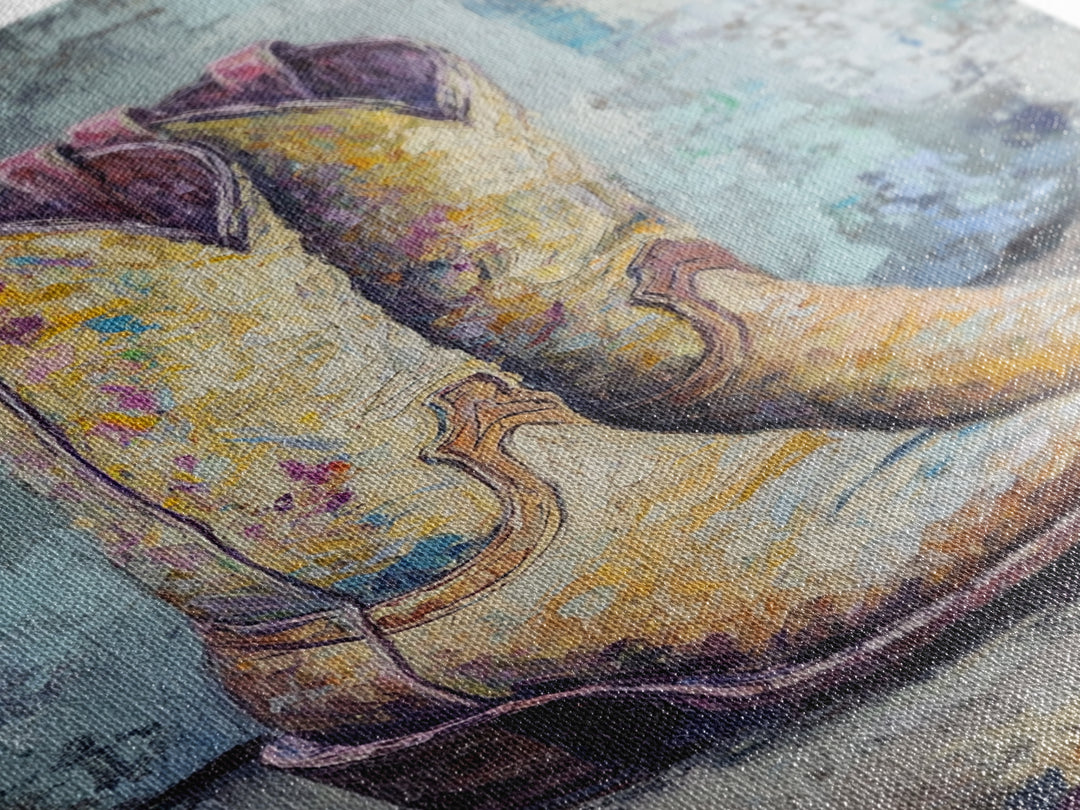 Yellow Cowboy Boots Oil Painting, Canvas Print, Western Wall Art, Cowgirl Decor, Rodeo Housewarming Gift, Rustic Home Decor