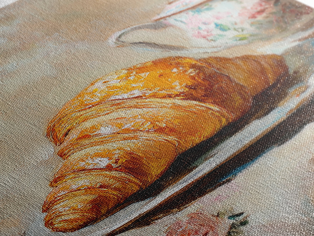 Golden Croissant And Floral Teapot Framed Canvas Print, French Bakery Wall Art, Kitchen Decor, Cafe Art Print, Foodie Gift
