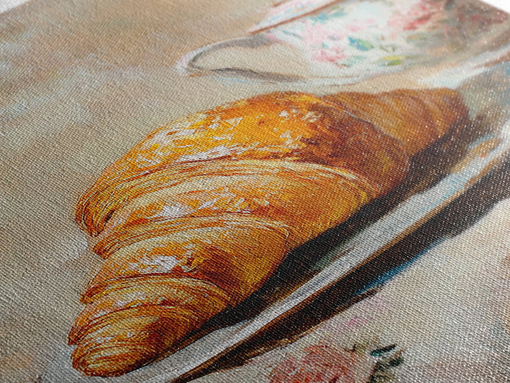 Golden Croissant And Floral Teapot Framed Canvas Print, French Bakery Wall Art, Kitchen Decor, Cafe Art Print, Foodie Gift