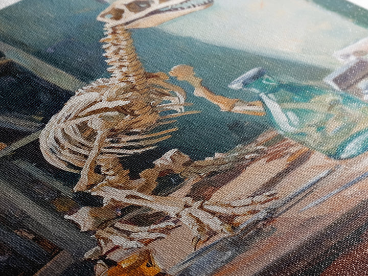 Dinosaur Skeleton On Artist Desk Canvas Print, Curiosity Cabinet Wall Art, Science Decor, Kids Room Decor, Unique Gift For Kids
