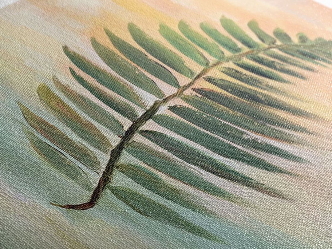Green Fern Leaf On Pastel Abstract Wall Art, Botanical Canvas Print For Bathroom, Nature Decor, Sage Green Living Room Art