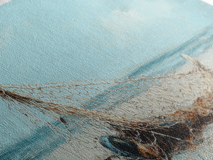 Weathered Fishing Net On Beach Canvas Print, Coastal Wall Art, Nautical Decor, Seascape Painting, Beach House Rustic Home Decor Gift