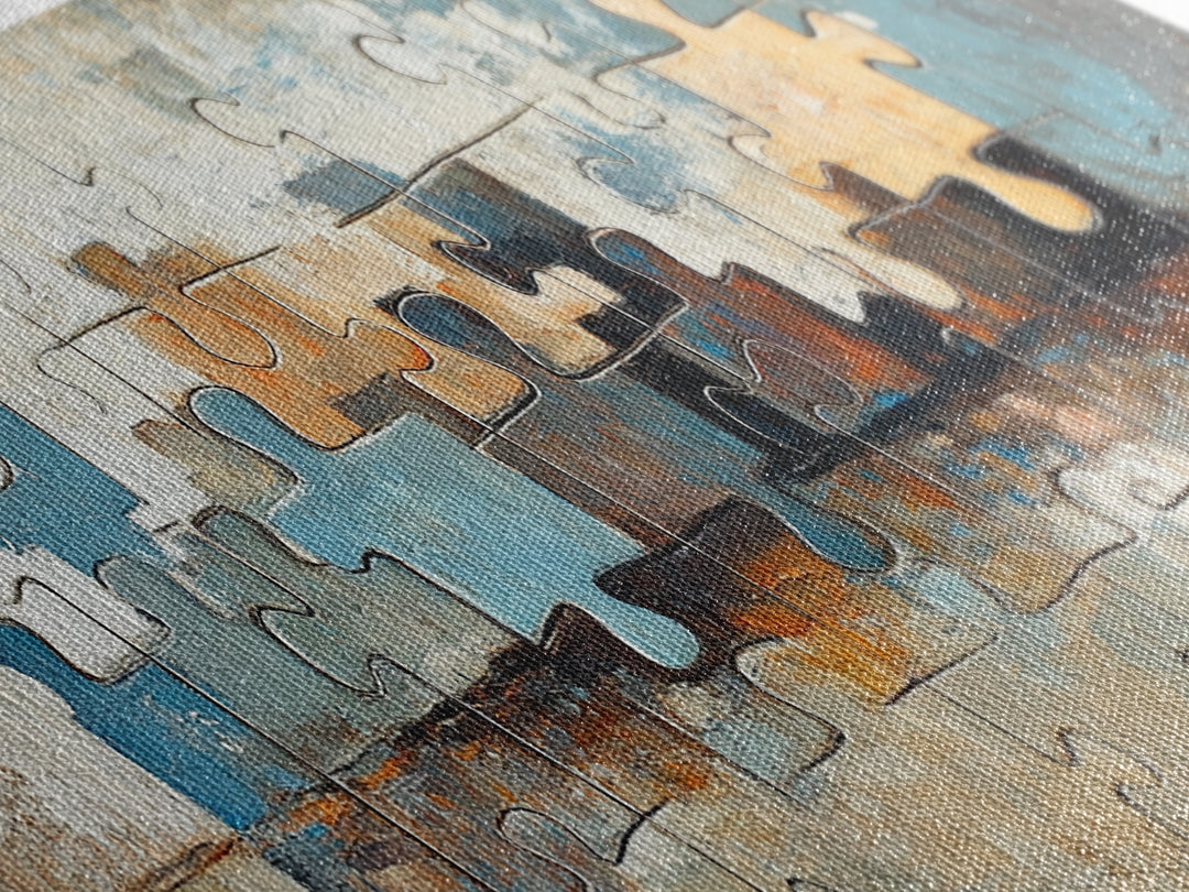 Abstract Puzzle Pieces Painting Wall Art, Modern Geometric Canvas Print For Living Room Decor And Office Decor Gift For Him